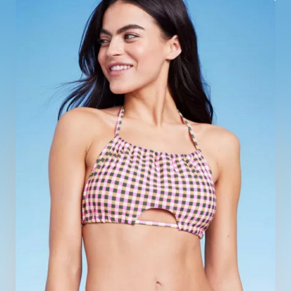 Women's Cut Out High Neck Bikini Top - Multi Check Print